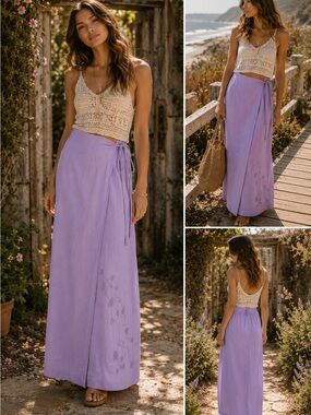 Lavender Linen Blend Maxi Skirt Boho Wrap Style Coastal Cottagecore Skirt